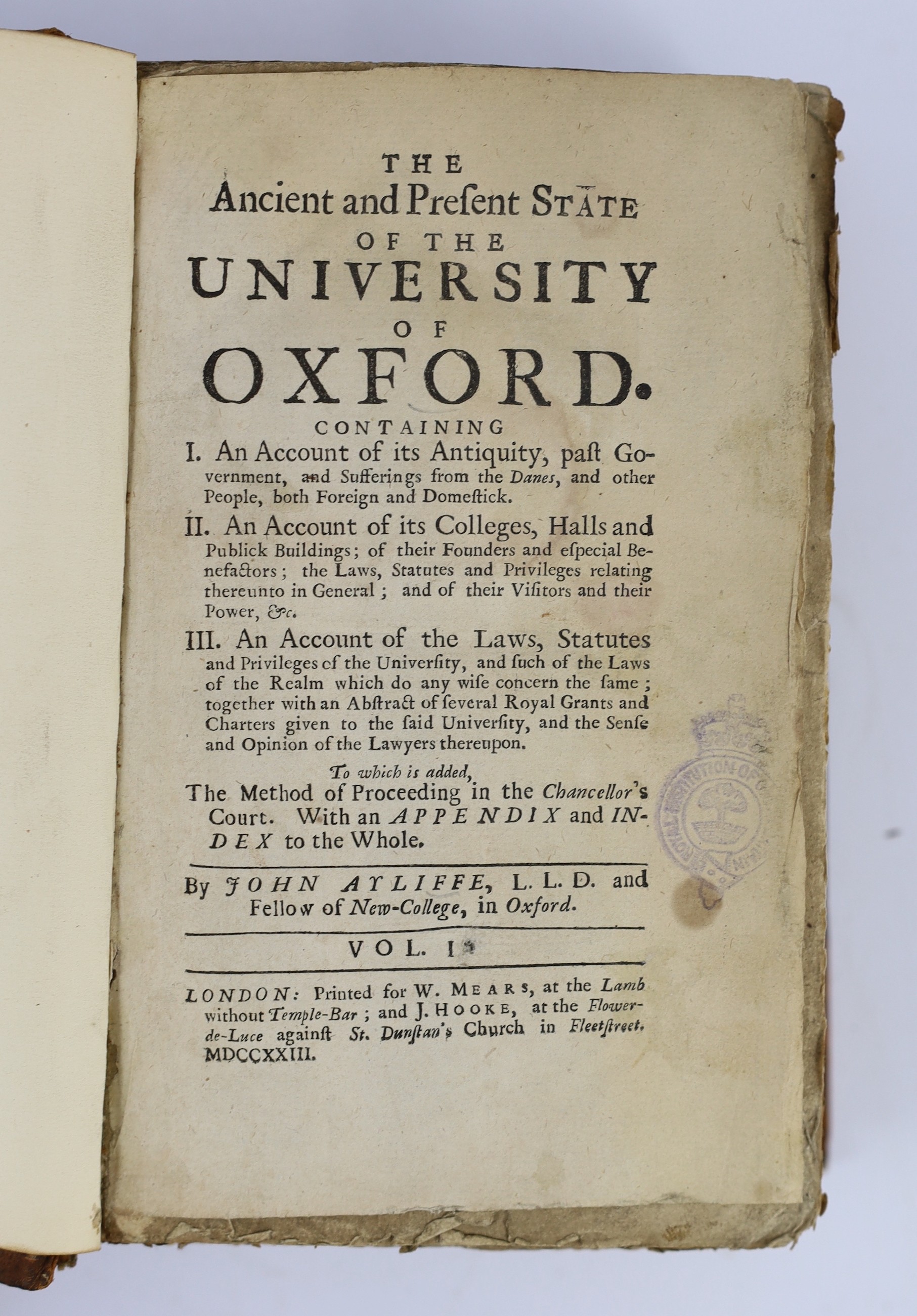 OXON: Wood, Anthony - The History and Antiquities of the Colleges and Halls in the University of Oxford....With a continuation to the present time: by the editor, John Gutch. subscribers list; contemp. gilt decorated mot